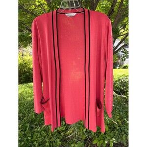 Misook Coral Open Front Cardigan Black Piping Lightweight Pockets L